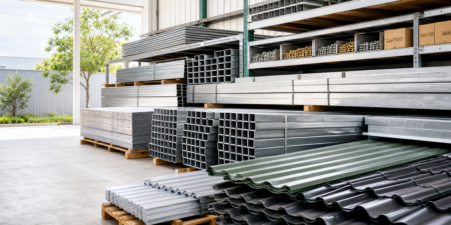 Organized racks of steel tubes, plates, roofing sheets, and hardware